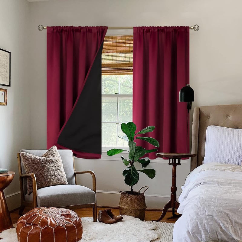 BGment Thermal Insulated 100% Blackout Curtains for Bedroom with Black Liner, Christmas Double Layer Full Room Darkening Noise Reducing Rod Pocket Curtain (52 x 45 Inch, Burgundy Red, 2 Panels) - Image 2